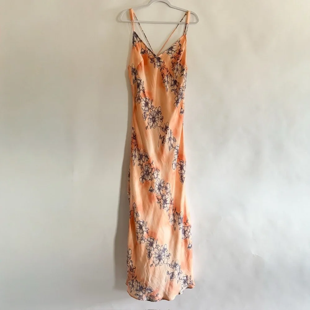 Intimately Free People Cassie Maxi Slip Dress Large Satin Peach Floral Backless - Picture 2 of 12